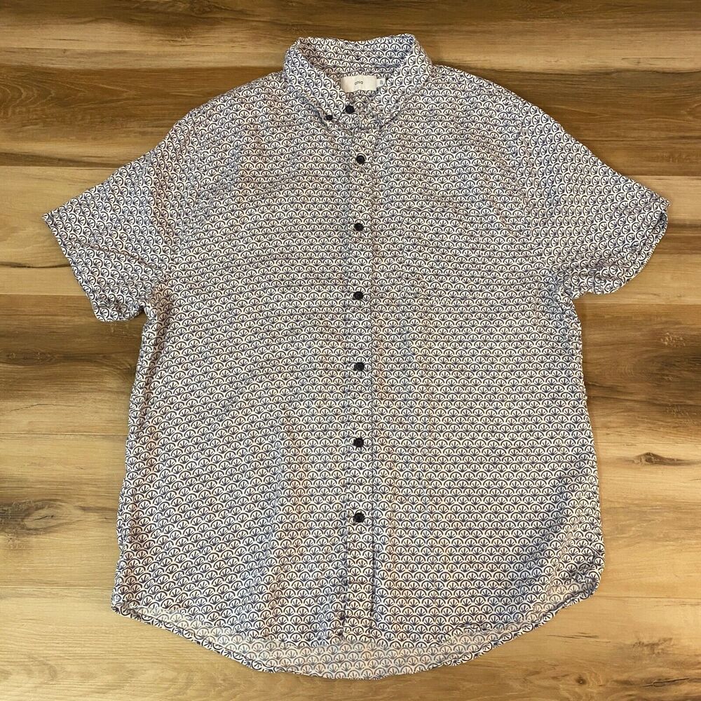 Onia Shirt‎ Mens XL Gray 100% Linen Graphic Print Button Down Short Sleeve